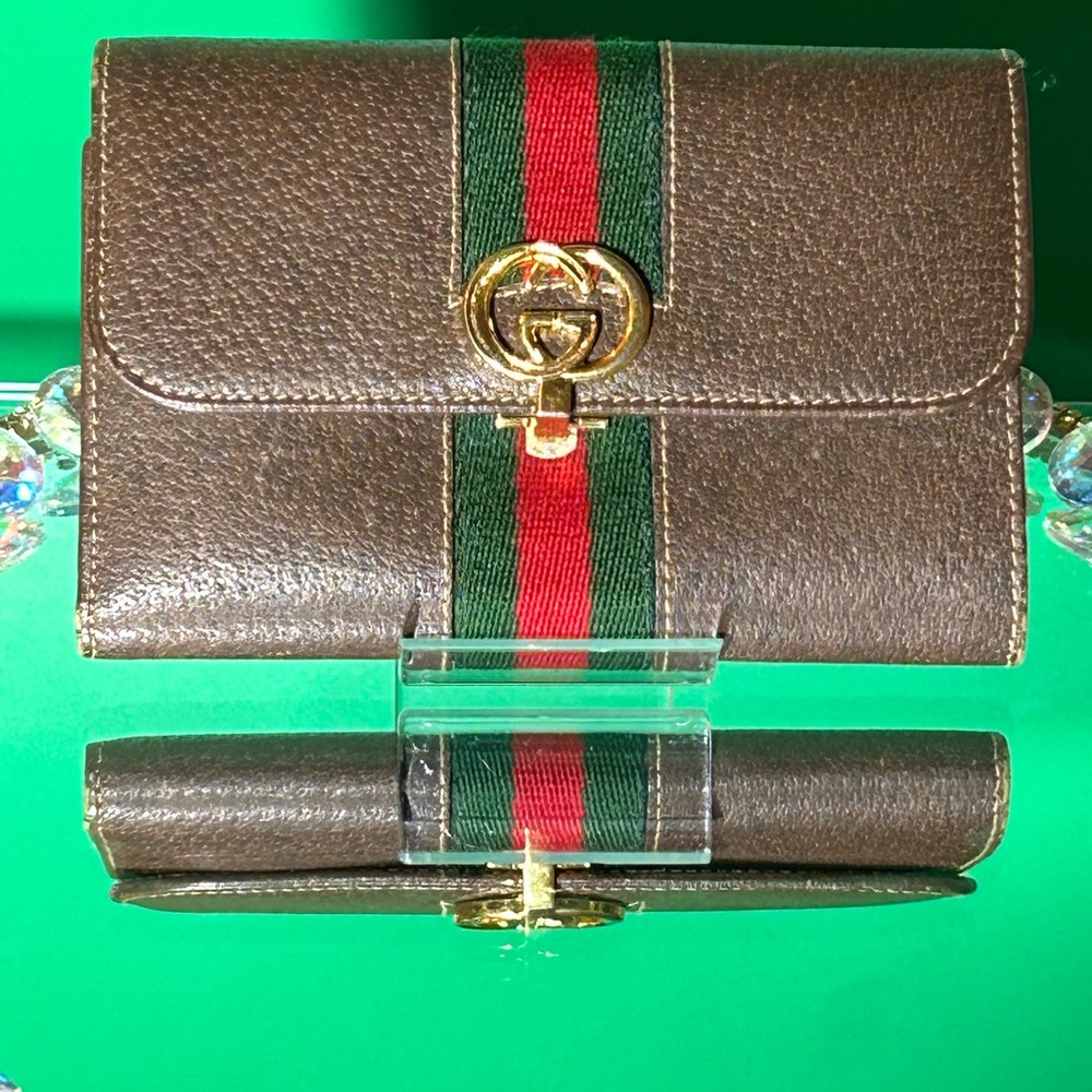 Gucci Brown Leather Wallet with Gold Accent Approx. 4.5” x 3” w/Box EUC - Picture 4 of 17